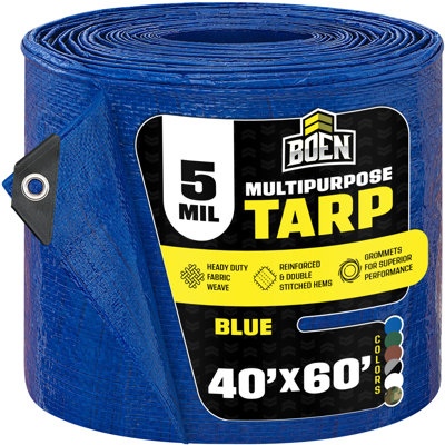Bâche bleue en polyéthylène de 12 m x 18 m, imperméable et polyvalente (0,13 mm d'épaisseur), ourlet en corde, coins renforcés, œillets tous les 91 cm, équipement de camping et de jardin.