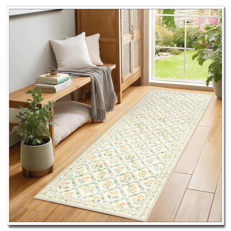 Runner Rug 2X10 Beige/Multi, Floral Non-Slip Washable -Thin Soft Indoor Carpet, Stain Resistant For Hallway Entryway Kitchen Laundry Bathroom Dorm