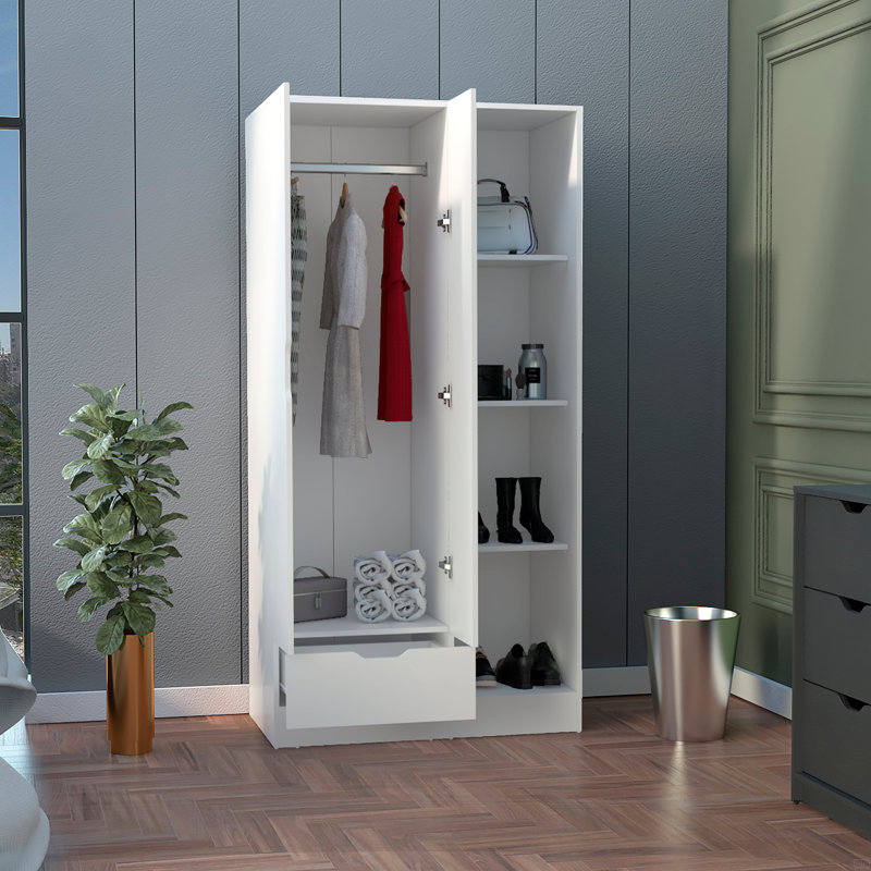 Armoire-penderie avec tablettes de rangement à 4 niveaux et 1 tiroir, Blanc