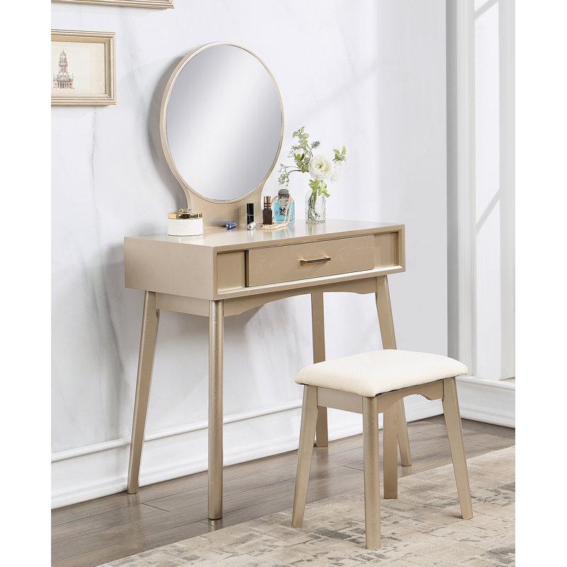 Contemporary Wood Vanity And Stool Set, Gold, Gold