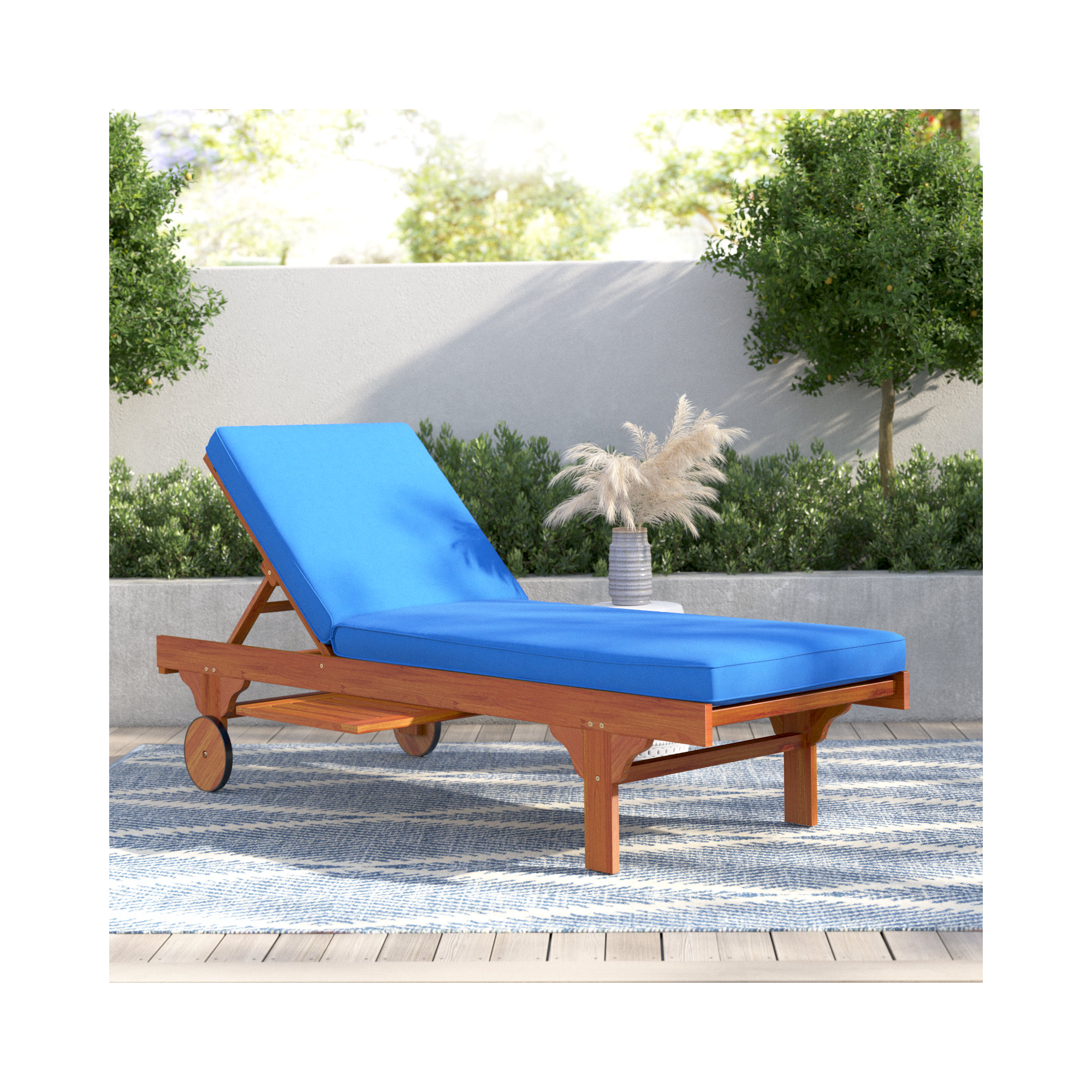 27.6'' Outdoor Eucalyptus Chaise Lounge, Royal Blue, Natural