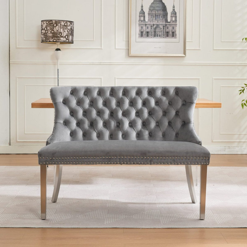 Banc en velours pour causeuse double, sièges de cuisine et de salle à manger, banc capitonné à 2 places avec boutons faits à la main, dossier à oreilles, pieds en acier inoxydable argenté brossé, gris