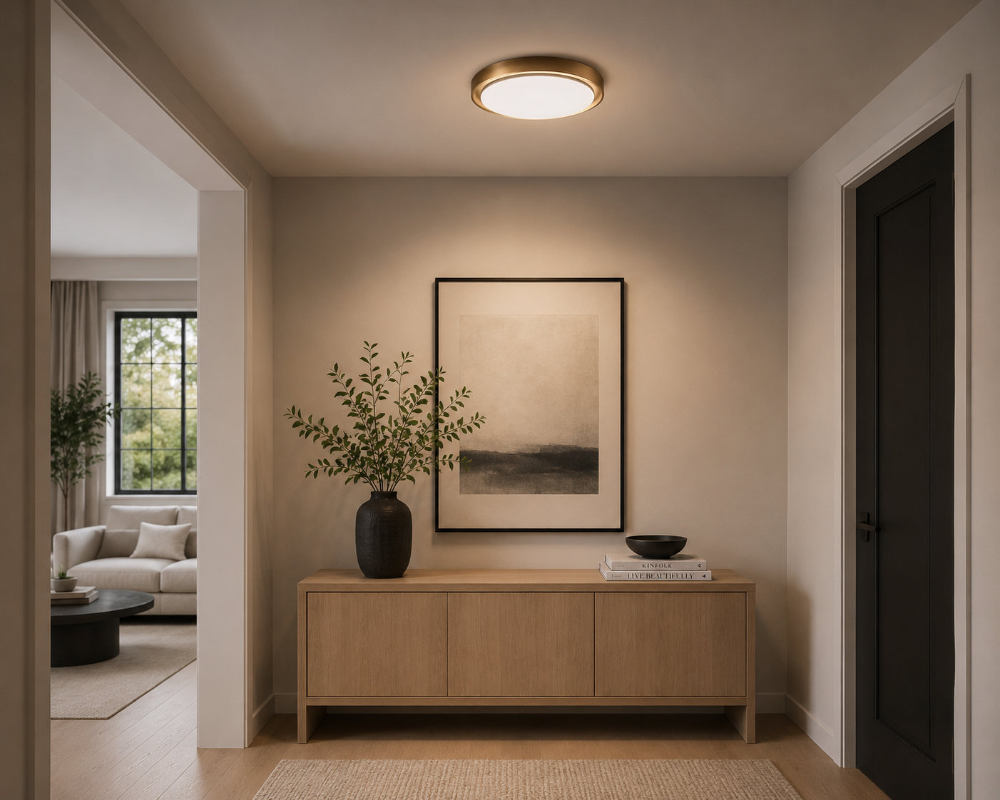 Single Light LED Flush Mount, Aged Brass