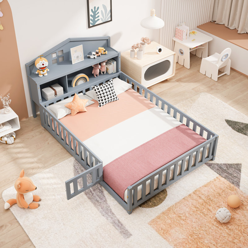 Nestor Montessori Floor Bed With Bookcase And Chalkboard, Plywood And Pine Wood, Gray
