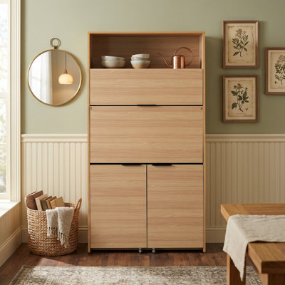 Armoire de cuisine compacte de 69 po de hauteur, buffet en panneau de fibres à densité moyenne de qualité P2 avec huche et poste de travail pliable, armoire de rangement multifonctionnelle avec tablette réglable et prise de courant pour la salle à manger et le salon