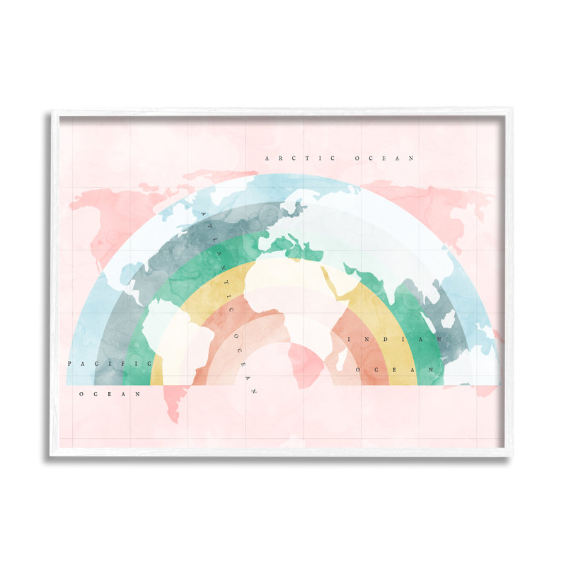 Carte du monde avec art moderne arc-en-ciel, Giclée encadrée blanc bord de mer, H 11 po x l 14 po x P 1,5 po