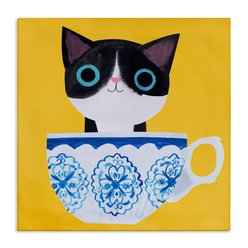 Tasse à thé chaton sur toile jaune, design par Angie Rozelaar, H 36 po x l 36 po