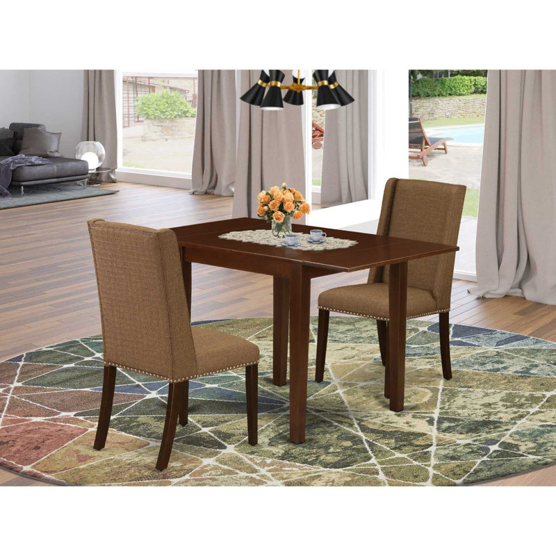 3 Piece Dining Table Set Contains a Rectangle Dining Room Table with Dropleaf and 2 Brown Linen Fabric Upholstered Chairs, Mahogany