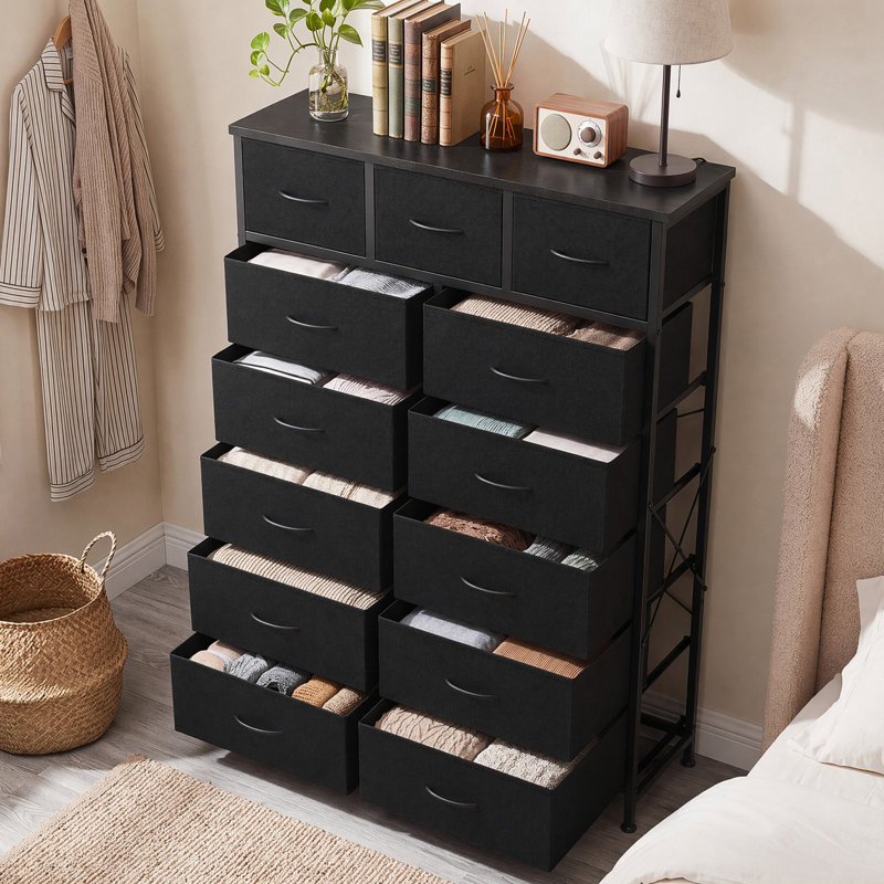  Tall 13 Drawer Fabric Dresser, Modern Storage Tower Unit, Black