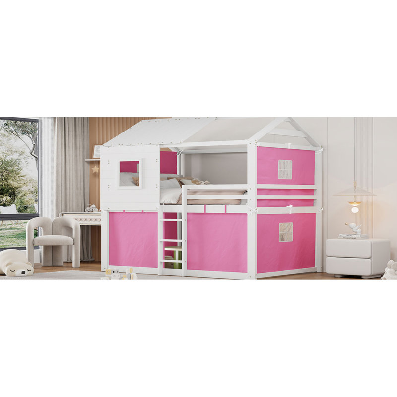 Lit superposé rose + blanc, maison dans les arbres, pin et chambre à coucher pour enfants inspirés, sommeil confortable et solide
