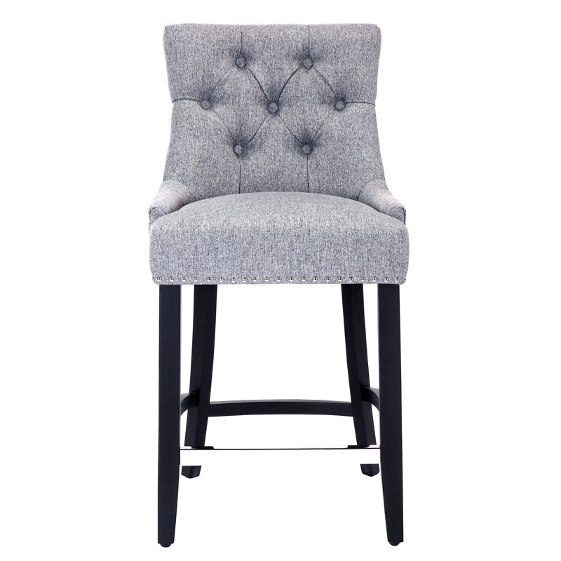 Linen Fabric Tufted Upholstered Counter Stool, Counter Stool (24” Seat Height), Gray Linen/Black Frame