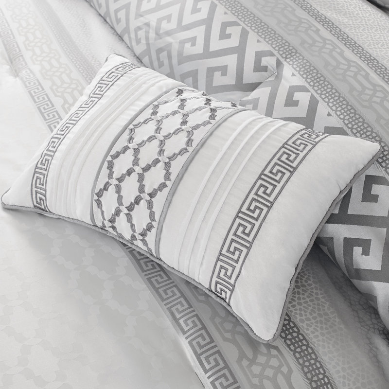 Bennett 7 Piece Jacquard Comforter Set, King Comforter + 1 Bed Skirt + 2 Shams + 3 Decorat, Gray