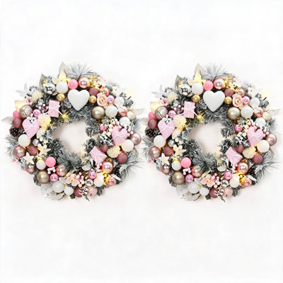 Couronne de Noël rose (lot de 2) de 61 cm (24 pouces) avec 20 DEL et 8 modes d'éclairage, fonctionnant sur piles, avec boîte-cadeau et ruban, pour porte d'entrée, intérieur et extérieur.
