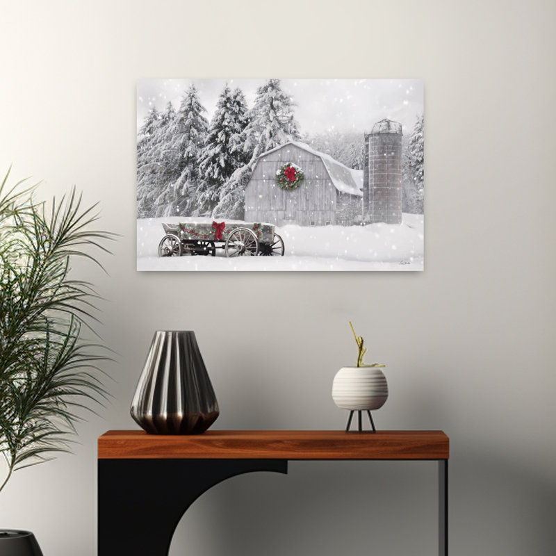 Vieux paysage de Noël, paysage de grange contemporain abstrait, art hivernal, H 16 po x l 24 po