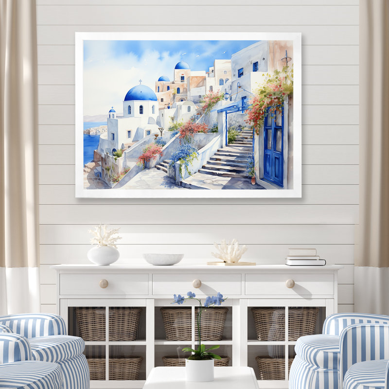 «Blue and White Santorini Village I», art mural Grèce, Cadre de coin blanc fermé, H 30 po x l 40 po x P 1,5 po