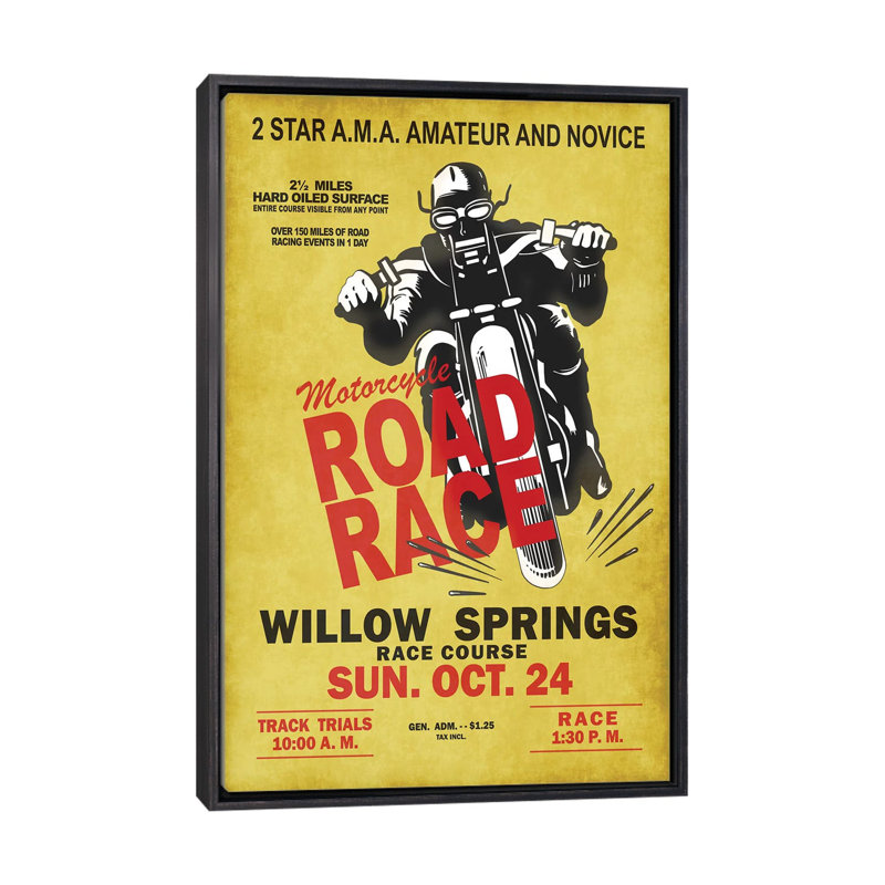 «Willow Springs Road Race» par Mark Rogan - publicité imprimée, Aucun mat, Toile avec cadre noir patiné