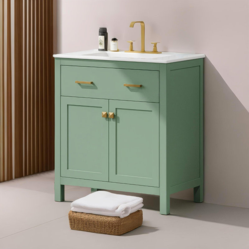 30"Modern Bathroom Vanity with Ceramic Sink, Green/Gold