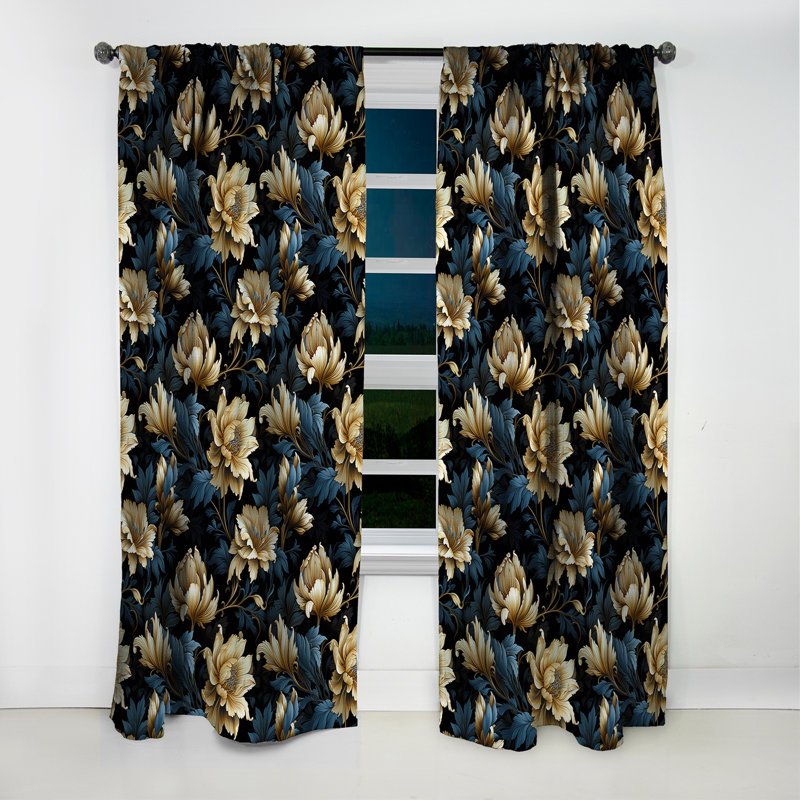 Bleu foncé et doré Techno Damask Realm II - Rideau damassé - Rideau occultant - 1 panneaux, L 52 po x L 63 po
