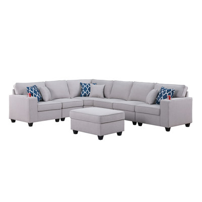 Gray, Linen, 7pc, Reversible, L-shape Sectional , , Built-in Cupholders, Throw Pillows, Seat Height, Depth, Arm Height Width, Depth