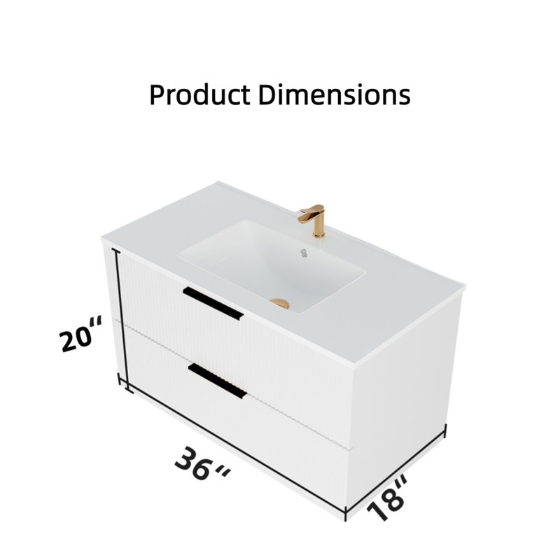 Meuble-lavabo flottant blanc cannelé 36 po, Blanc, 36"
