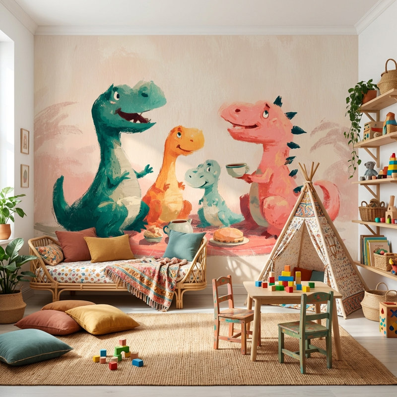 Papier peint dinosaures pique-nique, L: 210 po x H: 120 po, Peler et coller