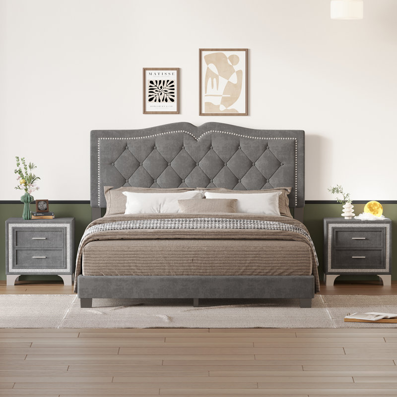 Lit plateforme tapissier Jitreo, Grand, Gris