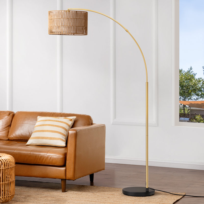 76'' Rattan Arched Dimmable Floor Lamp With Remote Control And Bulb Included, Gold/Matte Black