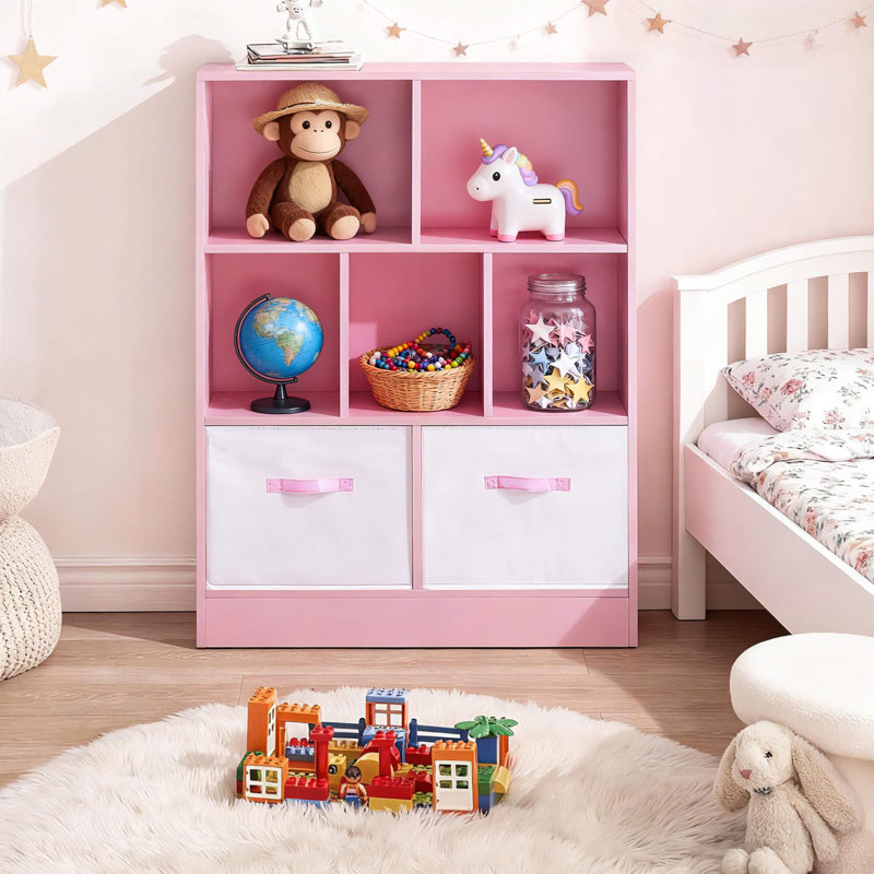 Bibliothèque de rangement Amaiah à 3 niveaux, 7 tablettes ouvertes avec tiroirs en tissu et vitrine en bois