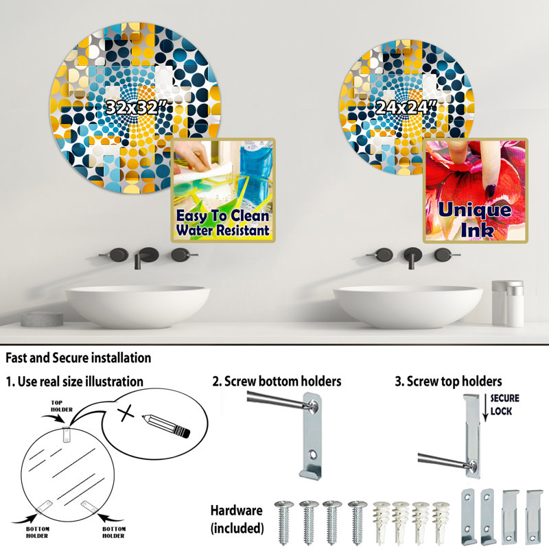 Harmonie de blocs géométriques jaunes et bleus - miroir décoratif à cercles concentriques, 31,4 po x 31,4 po