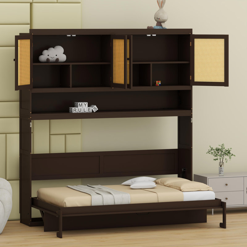 Lit mural pliable avec armoire, lampe de lecture intégrée et deux prises USB, Espresso