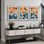 Abstrait, couleurs vives et abstraites «Œuvre abstraite et audacieuse bleu orange contemporain, images bohème de style Mid-Century moderne, impression numérique sur toile 3 pièces  -100707258-100707257