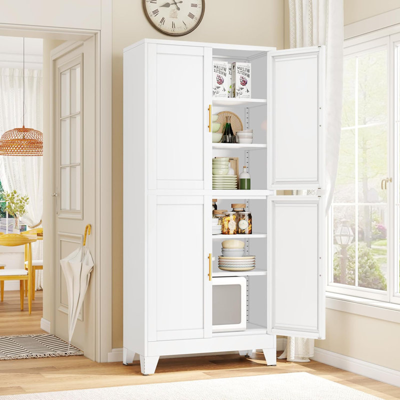 75.2" Tall Metal Pantry Cabinet, Kitchen Pantry Storage Cabinets with 4 Door and 4 Adjustable Shelves, White Storage Cabinet, Freestanding Cupboard for Kitchen Dining Room Living