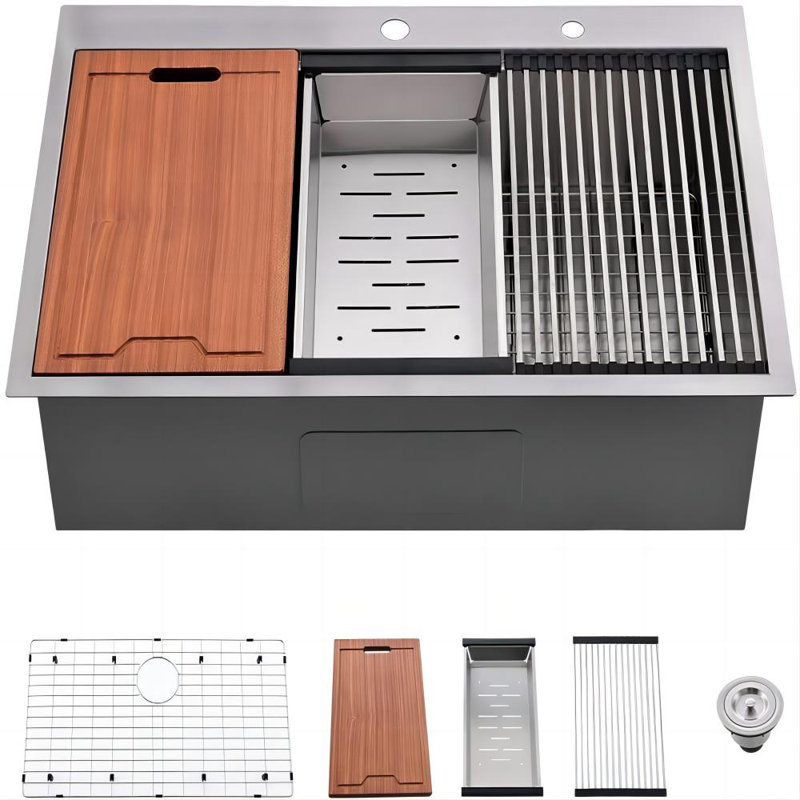 Évier de cuisine à simple cuve en acier inoxydable 33 x 22 avec accessoires Topcraft