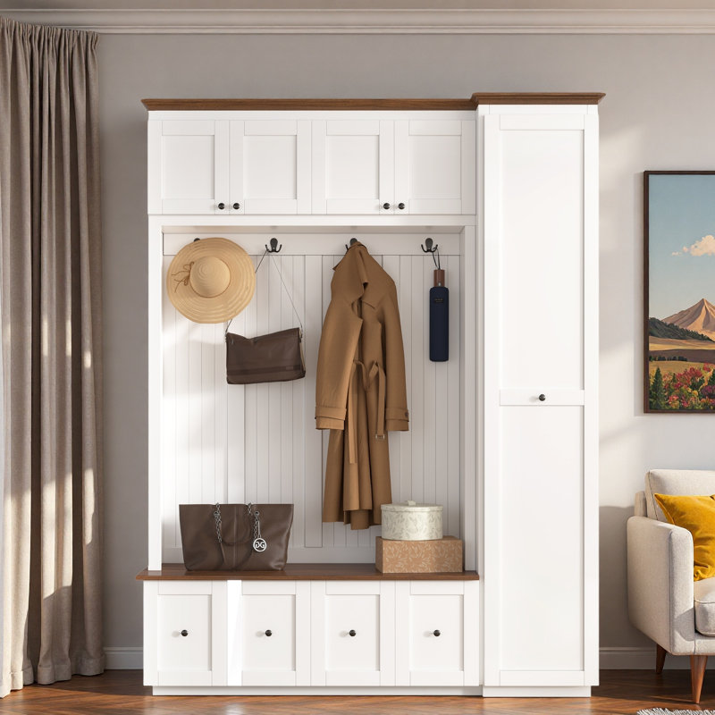 5-in-1 Hall Tree With Bench, Coat Rack, Drawers, Cabinets And Extra-large Side Storage Space, White