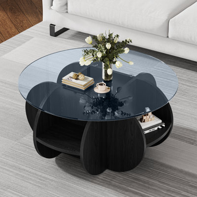 Table basse à plateau rond en verre trempé de 31,5 po avec cadre en MDF et table à 4 tablettes