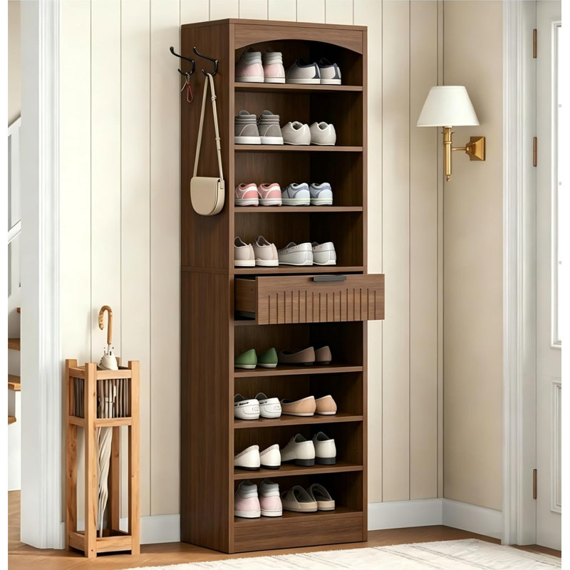 Grande armoire de rangement pour chaussures autoportante, étagère à chaussures à 8 niveaux avec 2 crochets et tiroir
