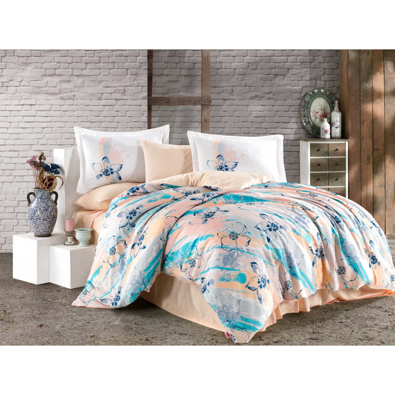 Ensemble de housse de couette 100% coton 4 pièces Dorgan, Turquoise / orange / blanc