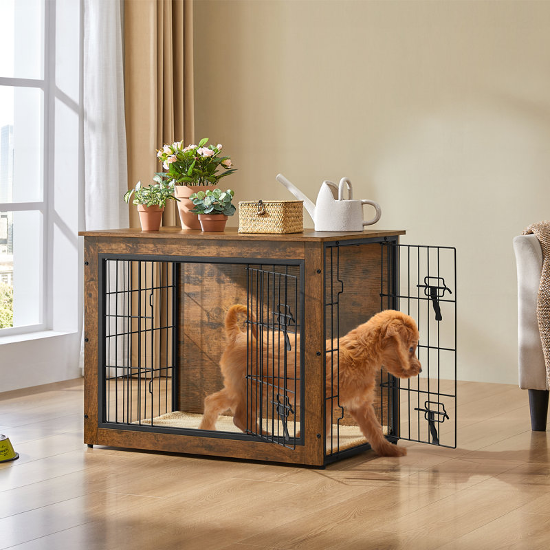 Dog Crate Furniture with 2 Doors, 64cm H x 80.5cm W x 55.5cm D, Rustic Brown/Black