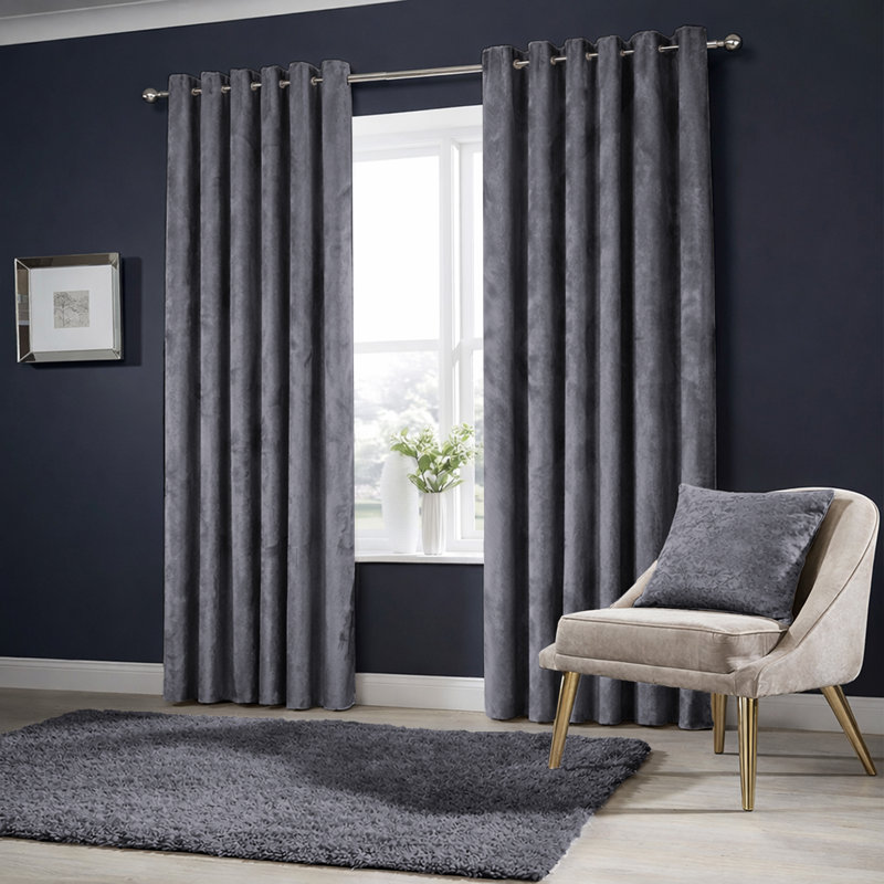 Heavy Velvet Blackout Eyelet Sheer Ready Made Thermal Drapes & Curtains, Grey, (228 Width X 228 Height) cm