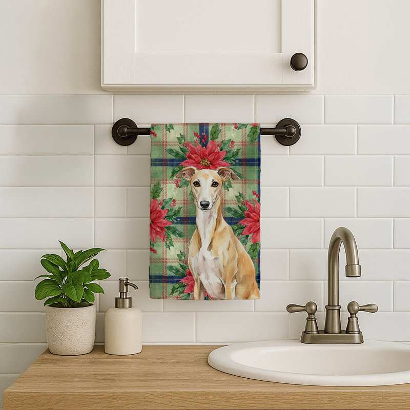 Fawn Whippet Christmas PoinsettIas Kitchen Towel, Fawn Whippet