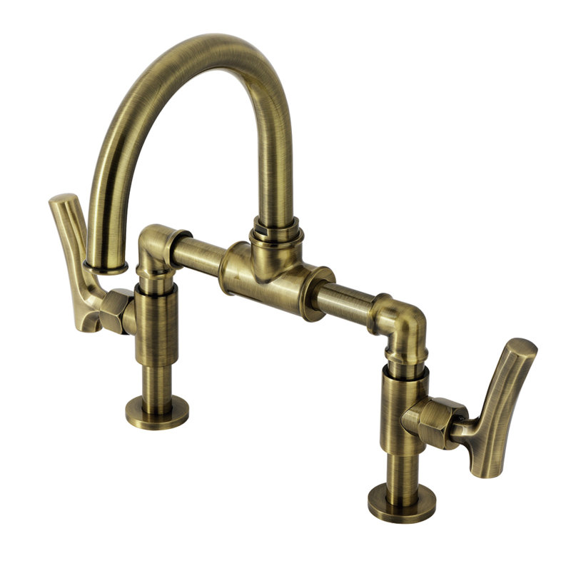 Kingston Brass Hallerbos Two-Handle 4-Hole Deck Mount Bridge Bathroom Faucet with Brass Pop-Up Drain, Antique Brass