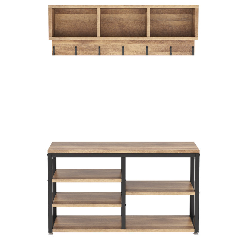 Patriki Hall Tree 80cm Wide with Bench and Shoe Storage, Vintage oak/Black