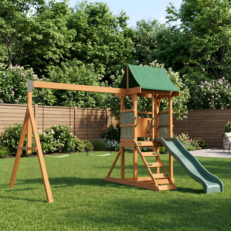 Wooden Swing Set with Slide, Climbing Wall & Sandbox