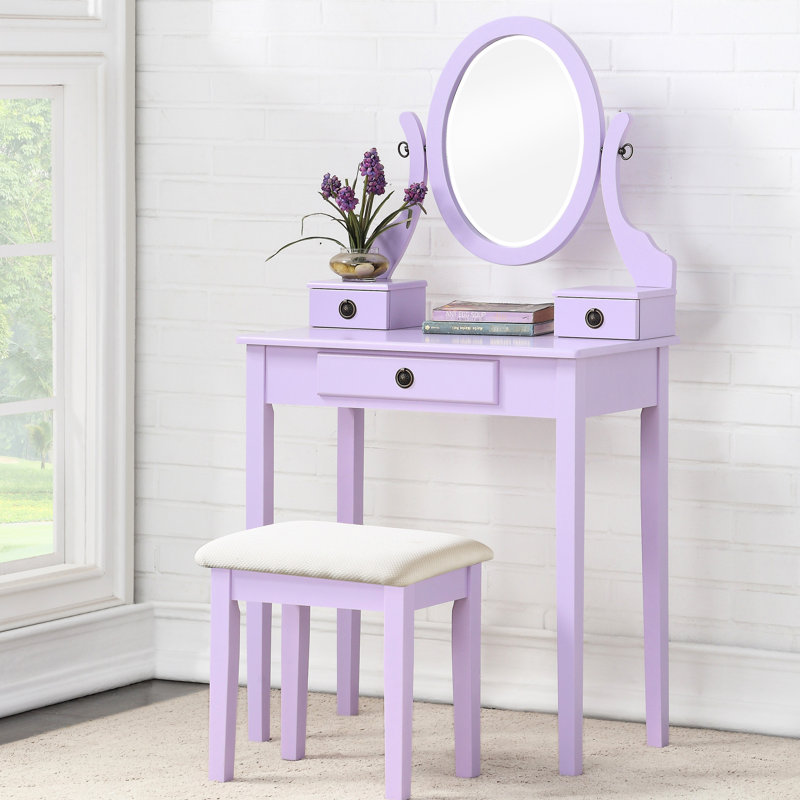 Fascinant meuble-lavabo en bois mauve avec tabouret, 3 tiroirs et table de miroir ajustable, Mauve