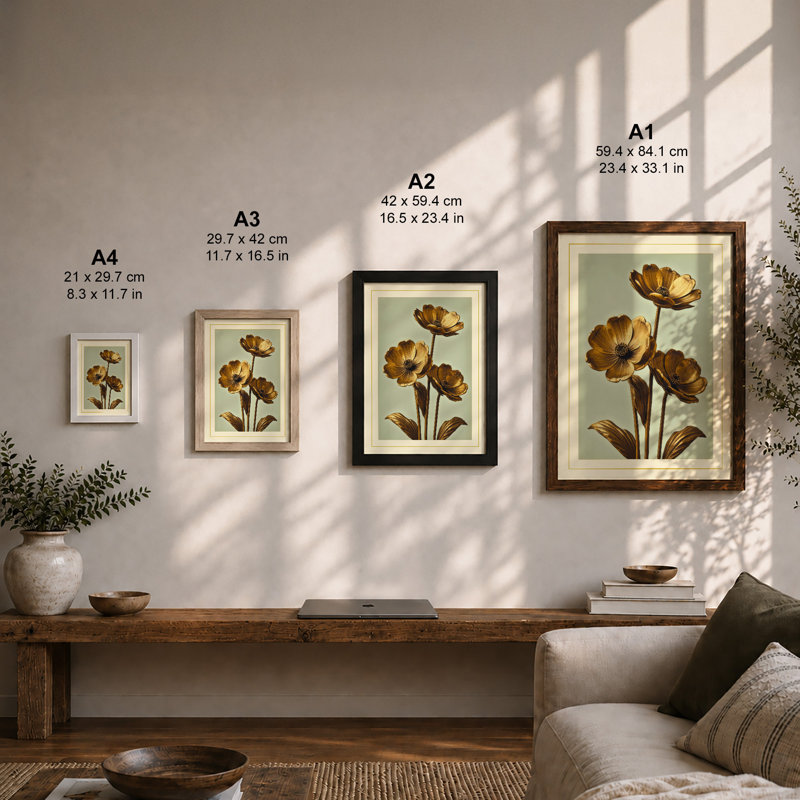 Golden Study Botanical - Framed Print, A2 - 59.4 x 42.0 cm, Oak