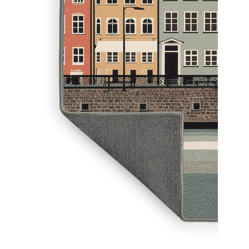 Soft Plush Burnham Copenhagen Nyhavn Harbor Scandinavian Block Print Area Rug in Beige – Gray Binding, 5x8