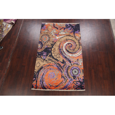 Tapis unique brun / mauve / orange noué à la main 5 pi x 8 pi 5 po New Age