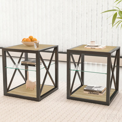 Ensemble de 2 tables de chevet modernes pour la chambre à coucher et le salon, plateau en bois trempé et bois aggloméré - table d'appoint de style industriel