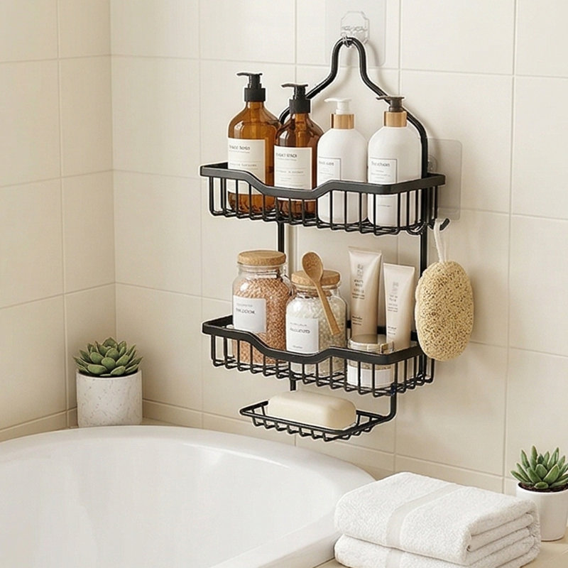 3-Tier Black Hanging Shower Caddy - Over-Showerhead Storage Rack with Non-Slip Design