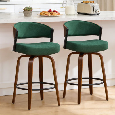360° Swivel Mid-Century Modern Curved Bentwood Bar Stool With Upholstered Seat And Open Back Design